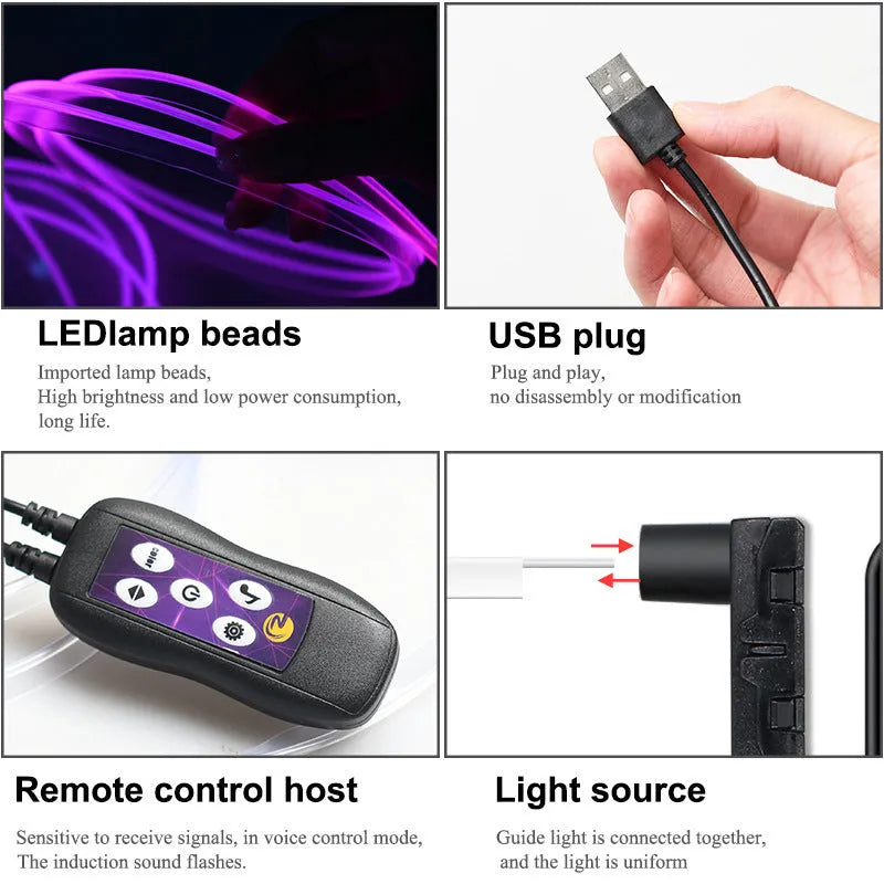 Car interior LED atmosphere light with colourful changing effects installed along dashboard