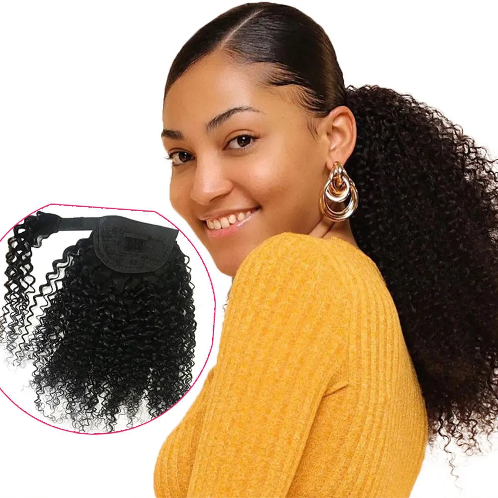 Real Human Hair Velcro Ponytail Kinky Curly Natural Colour Ladies Tresses Extension 8-28 Inch Medium Long Hair Machine Weft Detachable Ponytail Piece