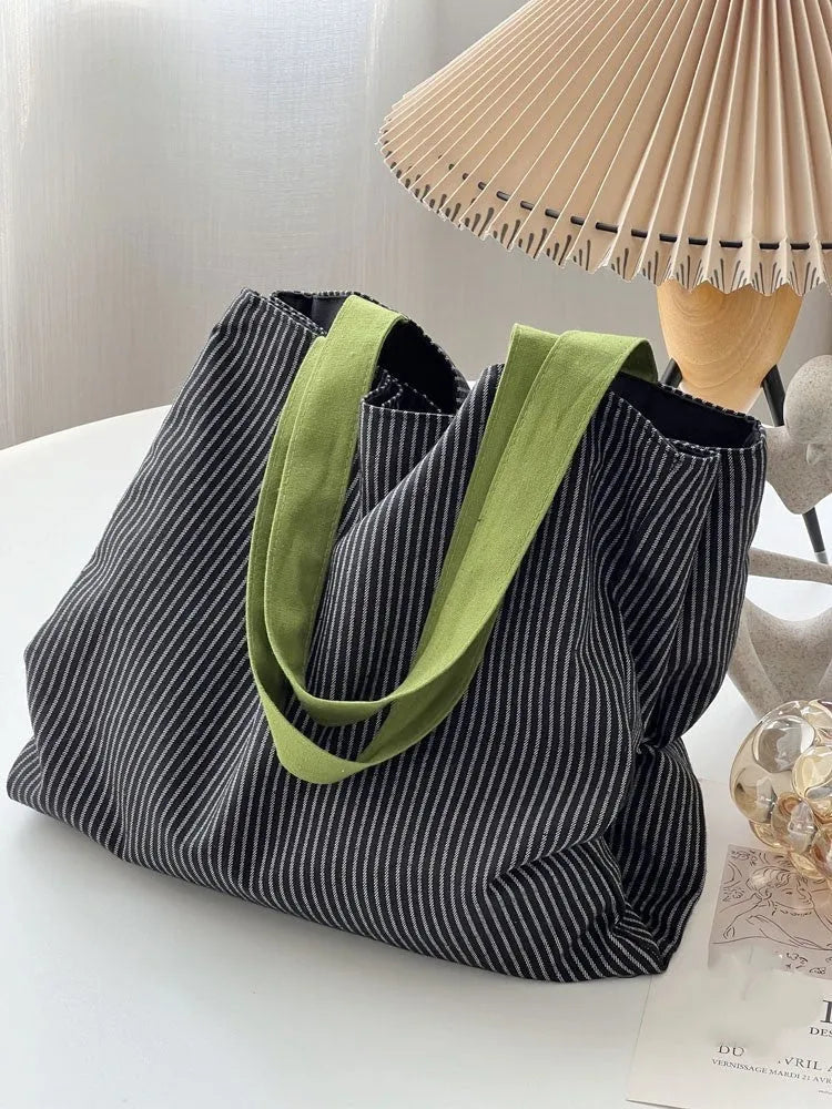 Canvas multi-layer tote shoulder bag showing light pink stripes pattern with 24cm shoulder strap