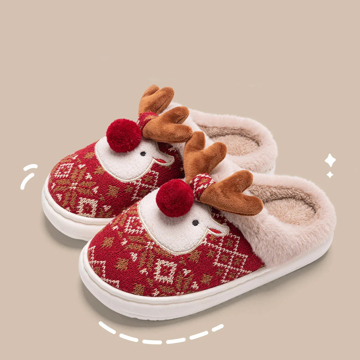 Cozy Christmas elk plush slippers with soft, plush fabric and non-slip soles for indoor comfort and style