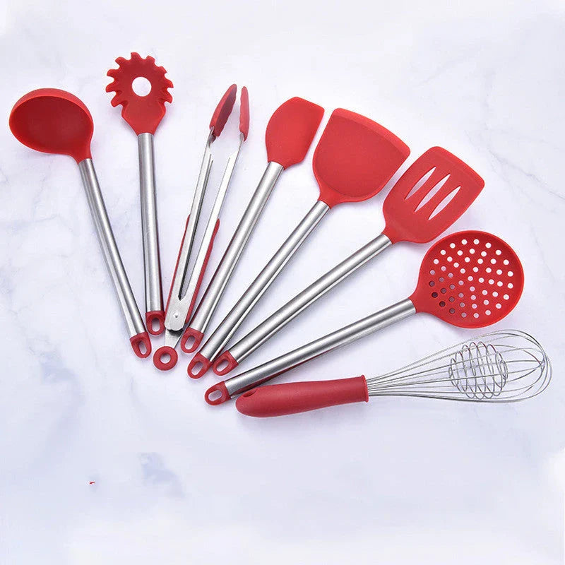 Versatile silicone kitchen utensil set with stainless steel handles, including various cooking and baking tools