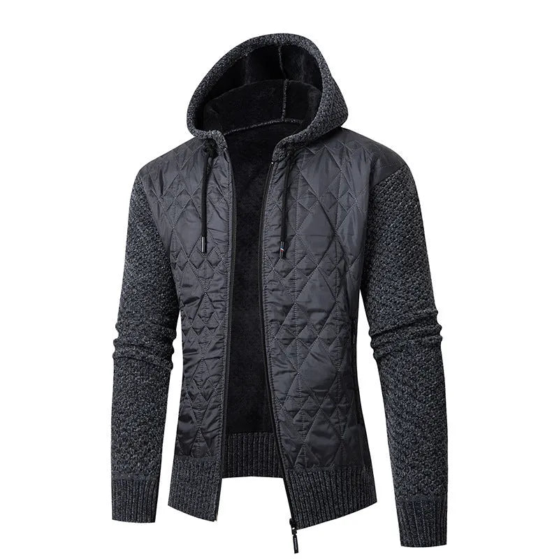 A grey men's hooded corduroy sweater coat with a cinched waist, shown on a model.