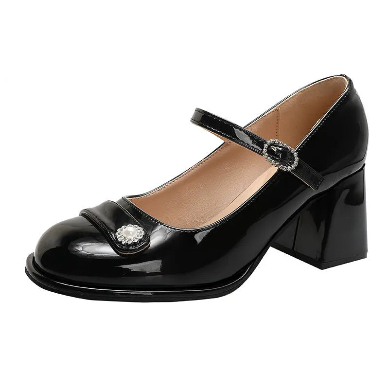 Women's black patent leather chunky heel shoes with round toe and buckle closure for wide feet