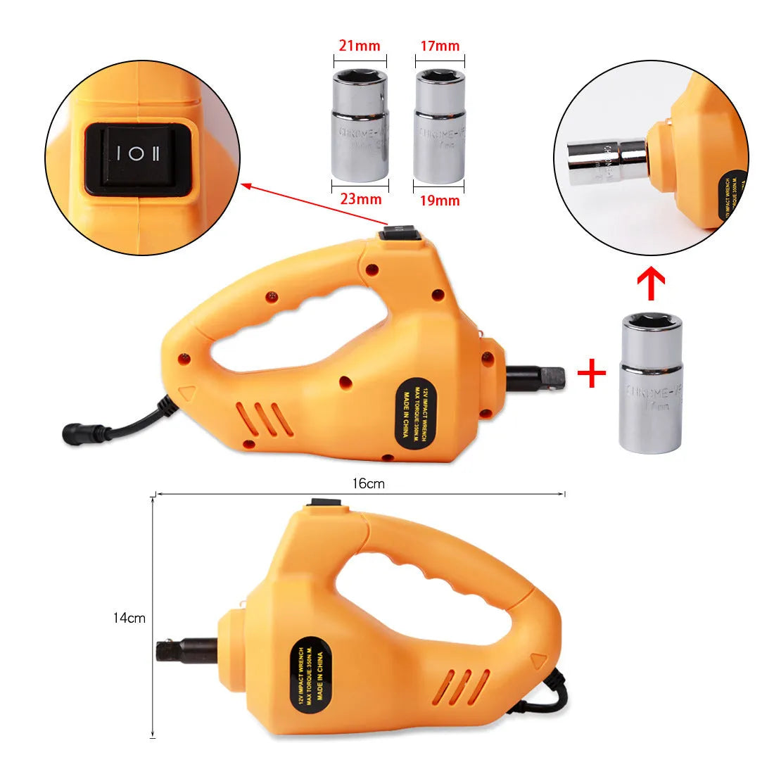 Yellow steel electric car jack set with 12V power and electric wrench for vehicle tyre changes