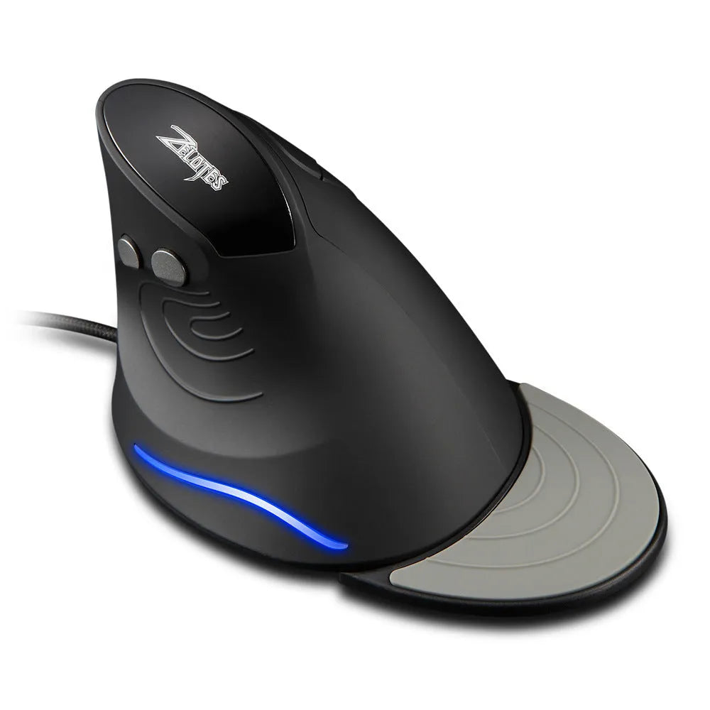 Vertical snail-type ergonomic wired mouse in black with 6 buttons, USB cable, and DPI indicator