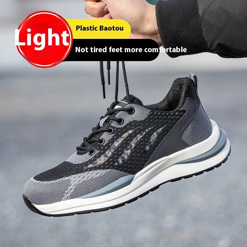 Men's black-grey electrician safety shoes with plastic toe cap and shoelace closure