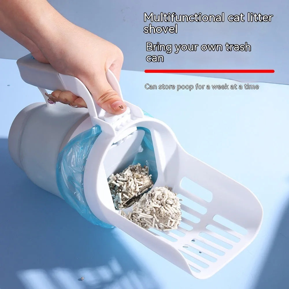 Grey 2-in-1 cat litter scoop with non-slip handle and foldable base on a floor