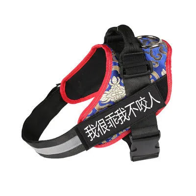 Reflective nylon dog chest harness with stainless steel ring and adjustable straps in blue colour