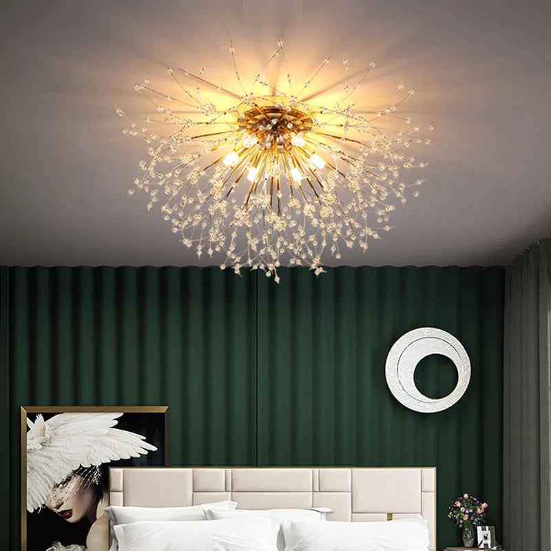 Round chrome dandelion crystal ceiling lamp with four light heads, 40cm diameter