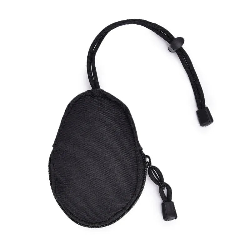 Black Oxford cloth outdoor key bag with zipper, shown next to a telescopic rope.