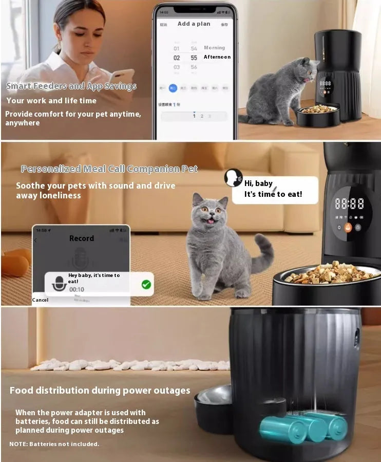 Black and white automatic pet feeder with digital display and USB connection