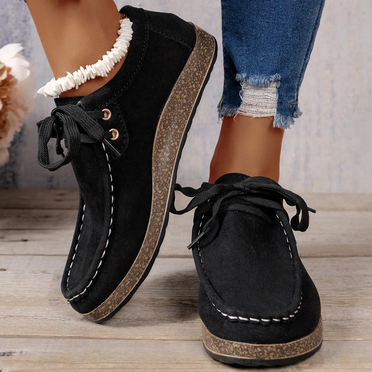 Black unisex lace-up flat shoes with round toe, PU upper, sizes 36-43