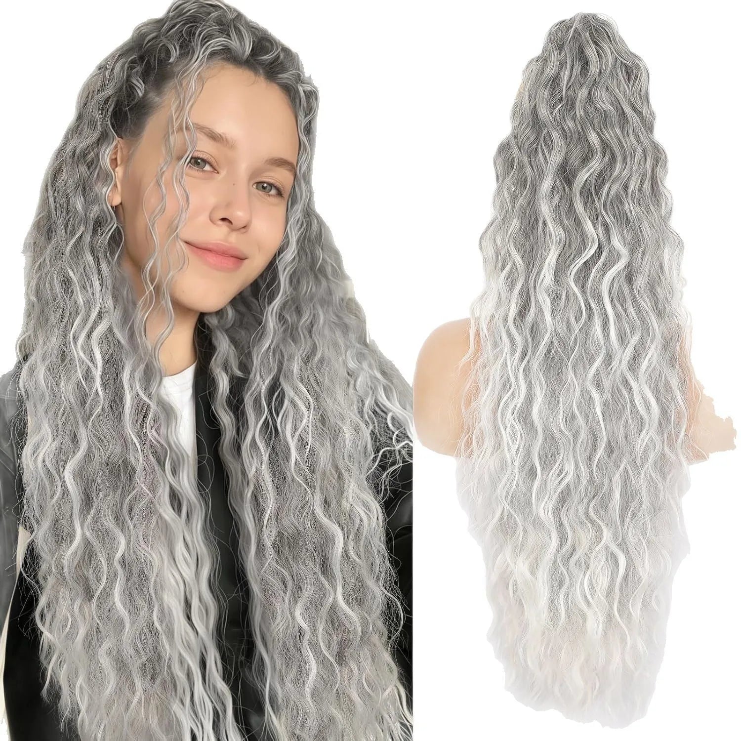 Long curly ponytail wig with grip band in synthetic high-temperature fibre