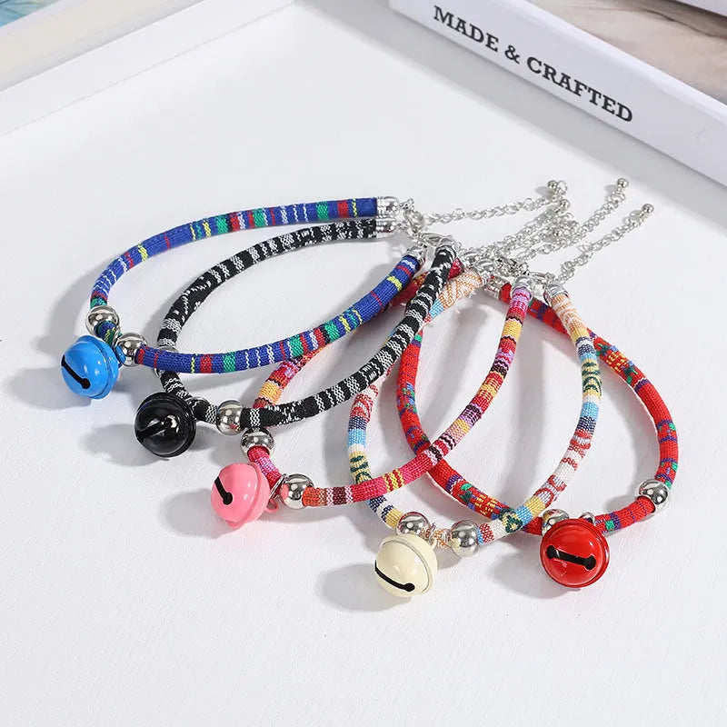 Ethnic pattern pet collar with bell in multiple colours for cats and small dogs