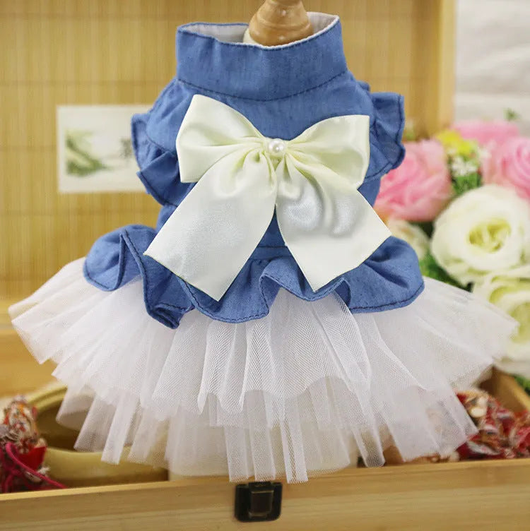 Korean princess style denim pet skirt with creative bow design for dogs