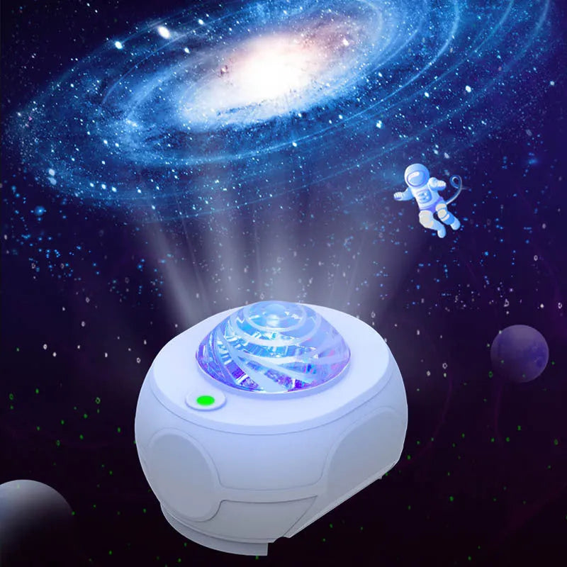White swirl moon full star laser atmosphere lamp with remote control on a table