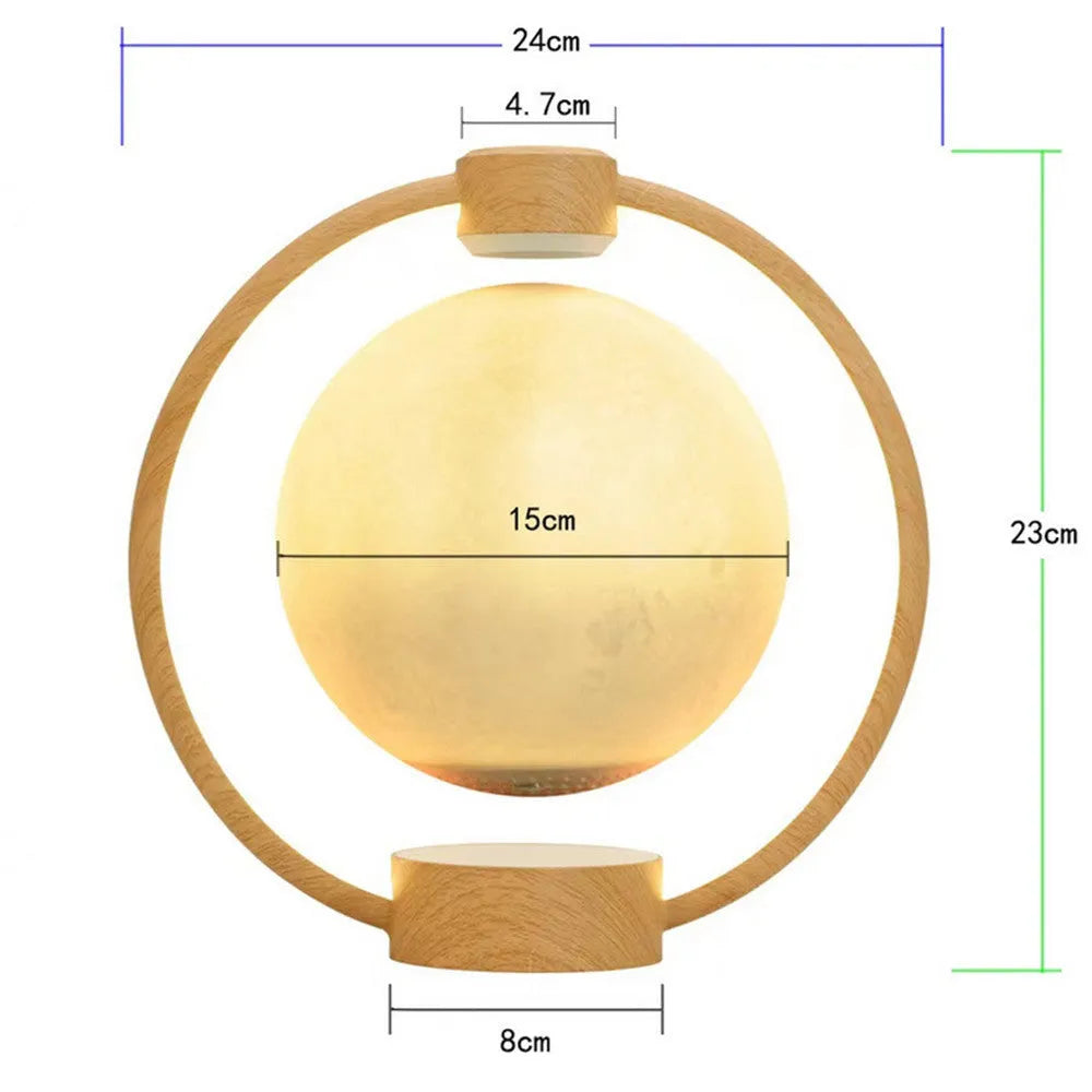 Maglev Moon Bluetooth speaker with floating sphere, colourful lights, wood grain base, 240x230mm frame and 150mm ball