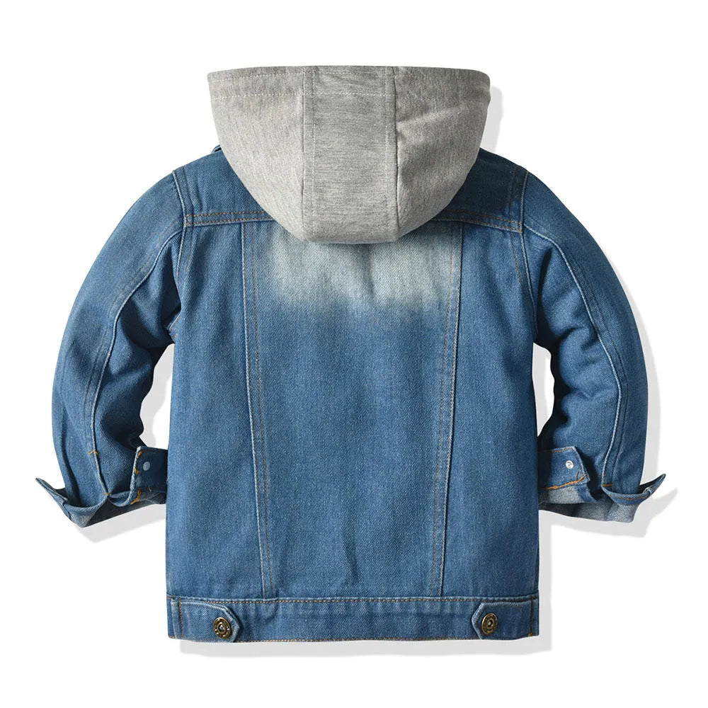 Grey children's hooded fake denim jacket with lapel collar, shown on a hanger