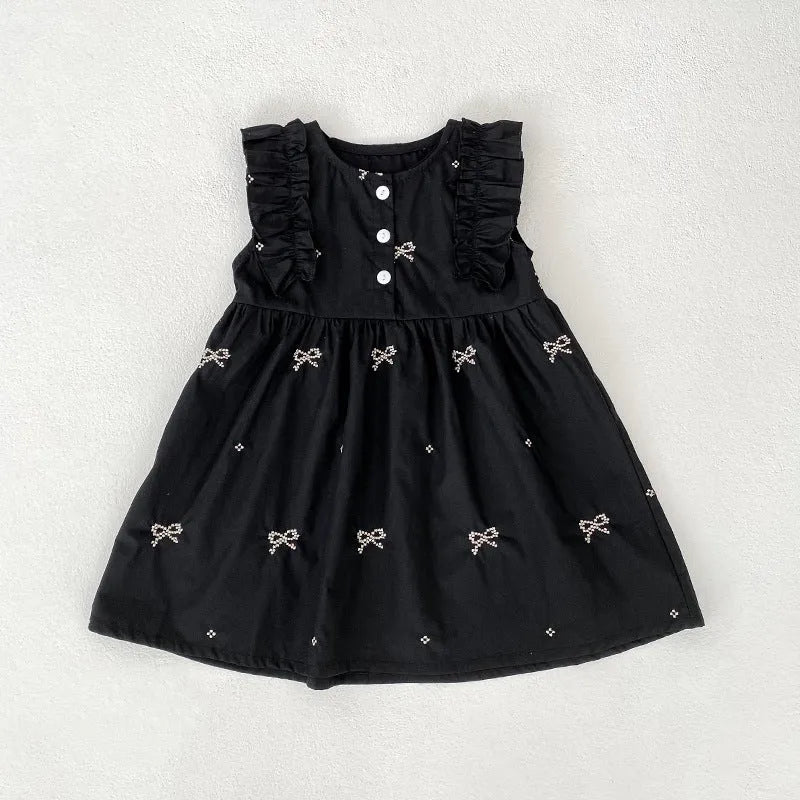 Children's cotton bowknot embroidered sleeveless dress in pink with A-line skirt