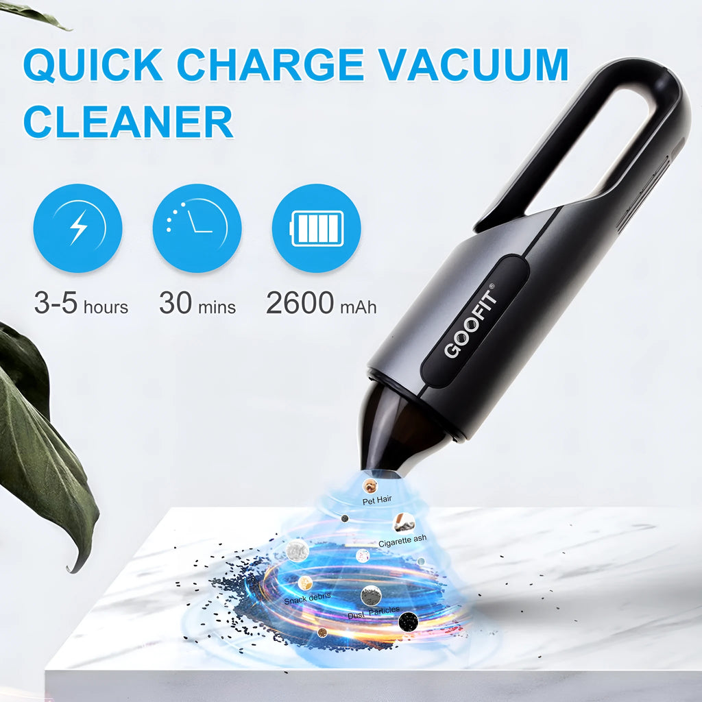 Black portable wireless handheld car vacuum cleaner with brush and flat attachments