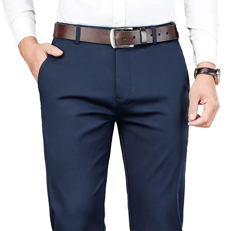 Men's high waist loose business casual trousers in khaki, straight leg, polyester, sizes 28-42