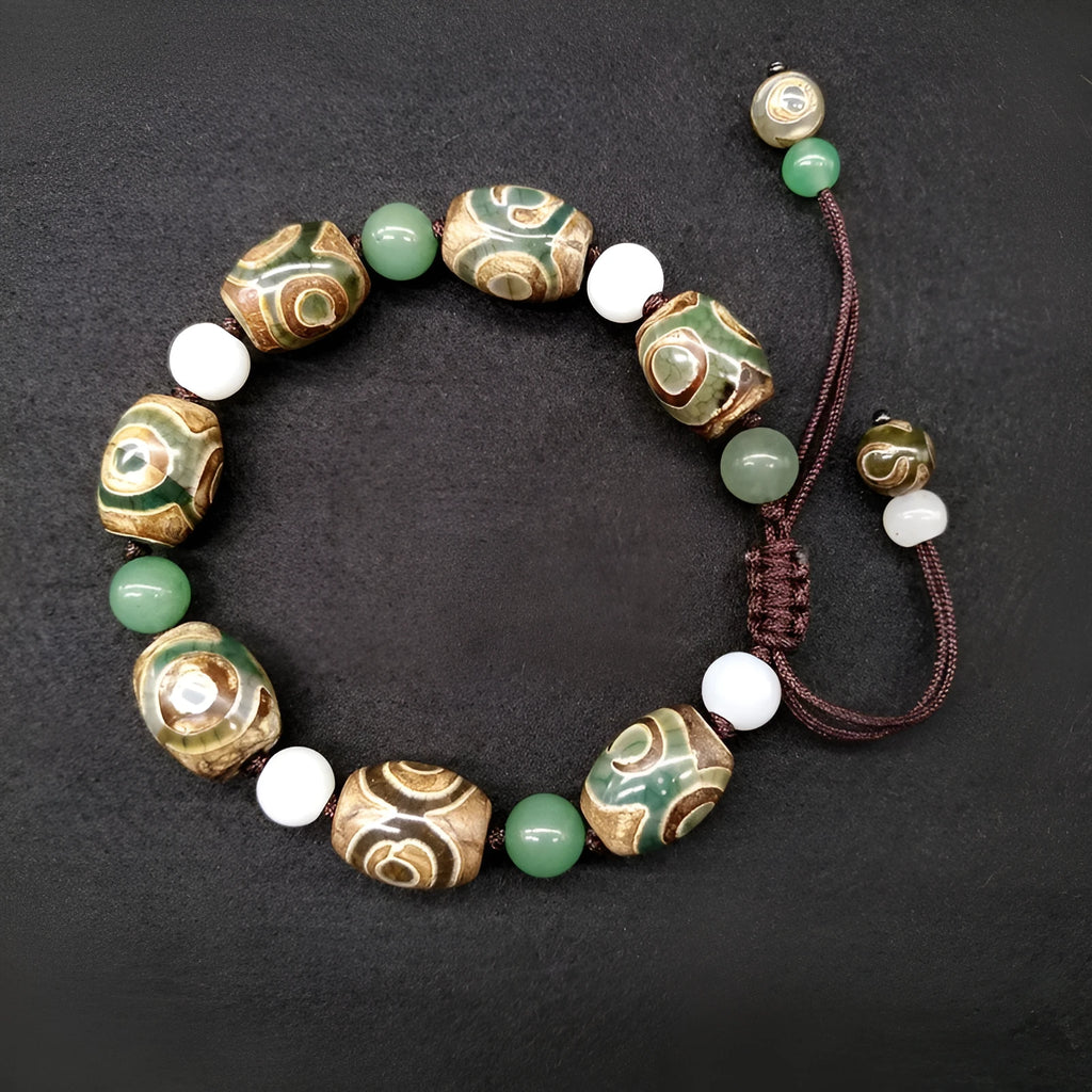 Green agate Tibetan beads bracelet with three-eye design and adjustable cord