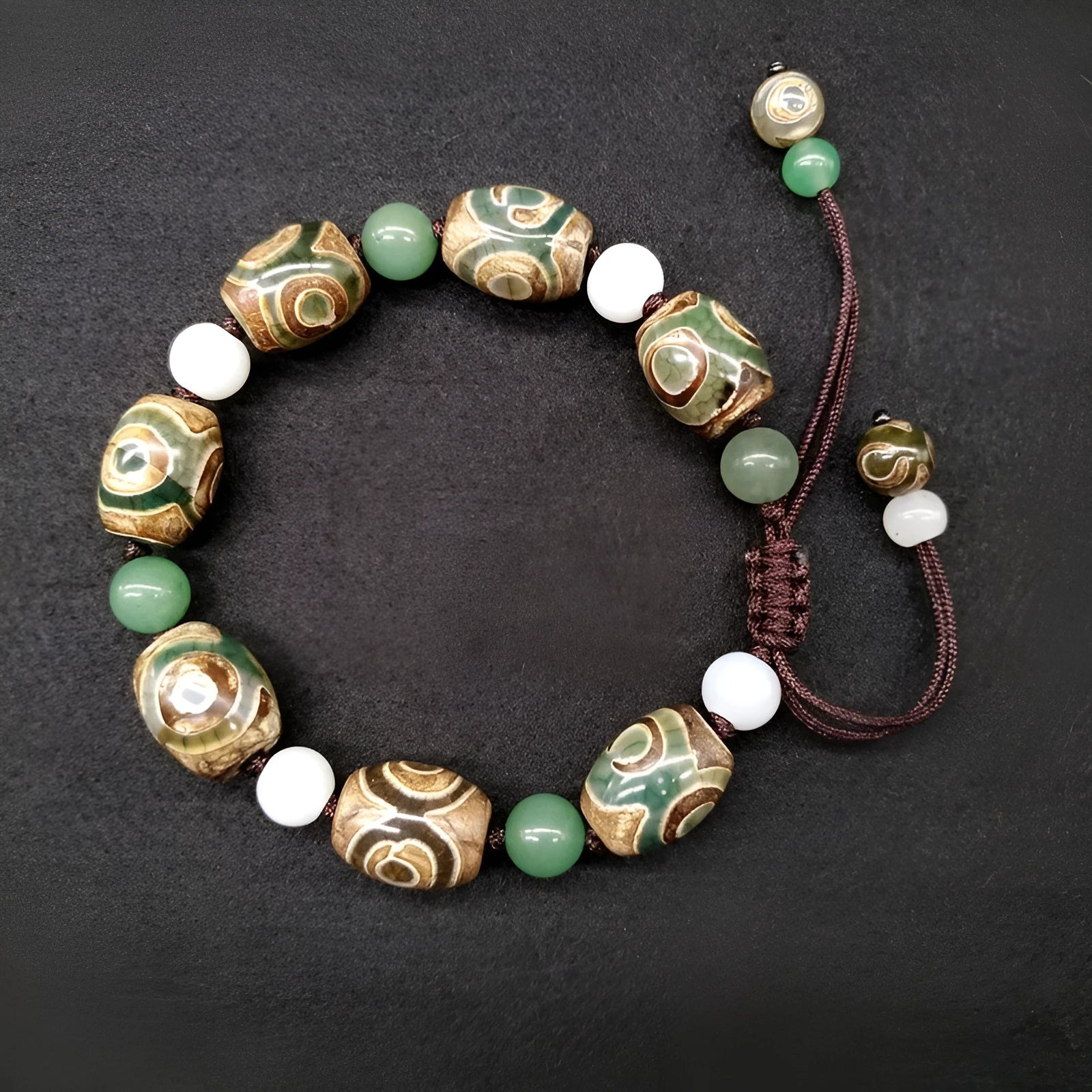 Green agate Tibetan beads bracelet with three-eye design and adjustable cord