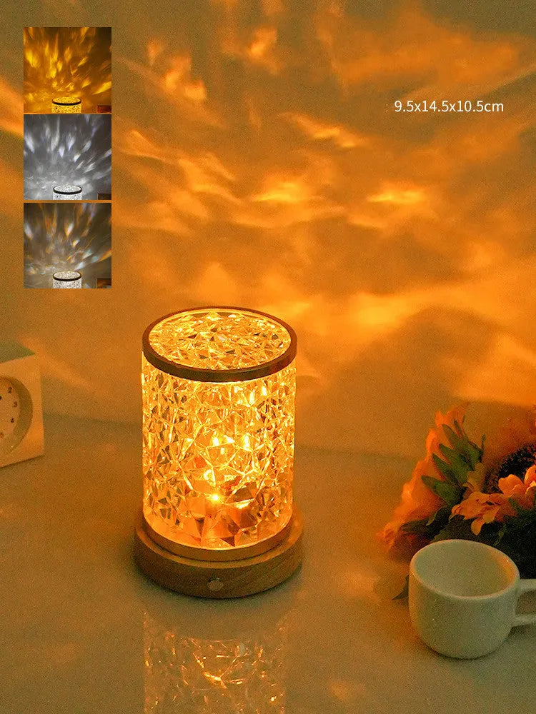 Small rotating water ripple night light on solid wood base with touch control for bedroom ambient lighting