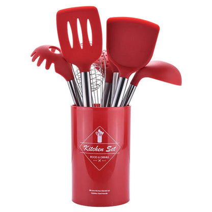 Versatile silicone kitchen utensil set with stainless steel handles, including various cooking and baking tools