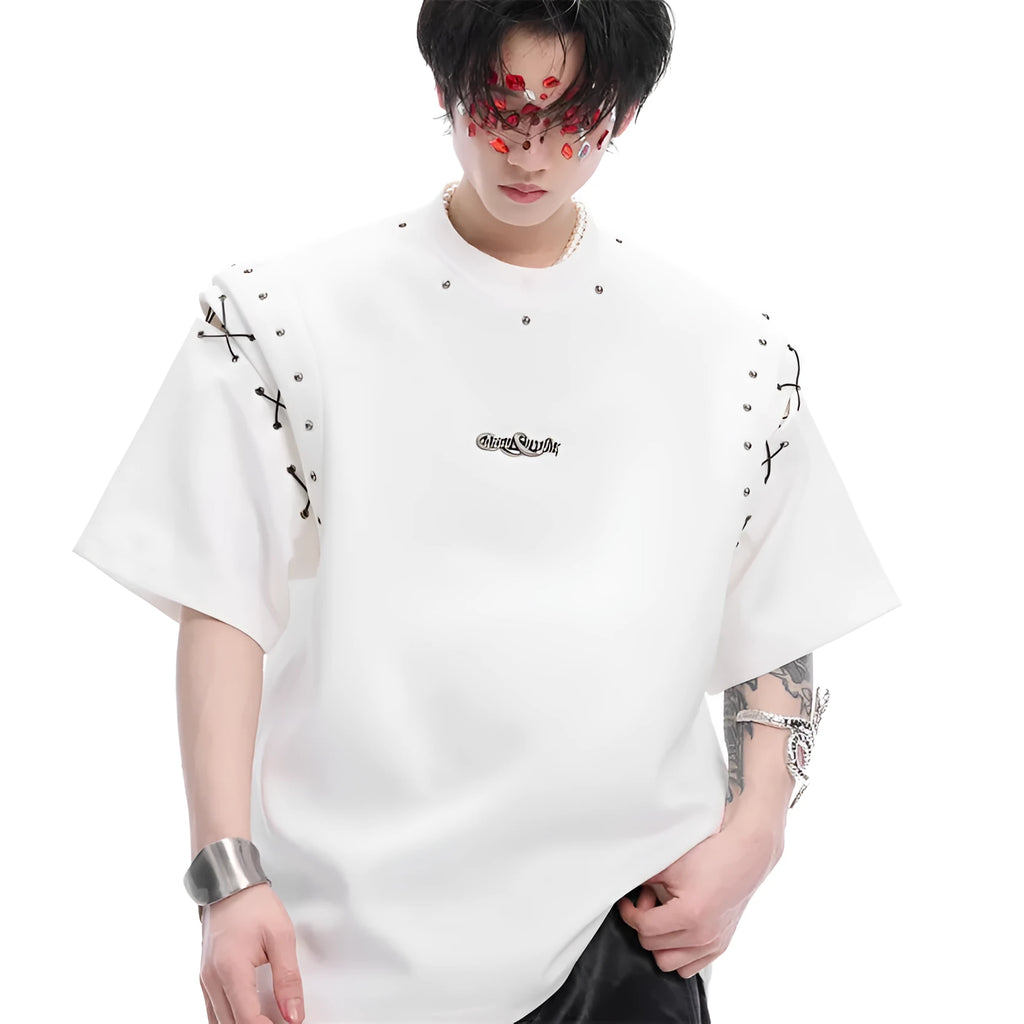 Black short-sleeve T-shirt with white lace-up cutout detail on the side