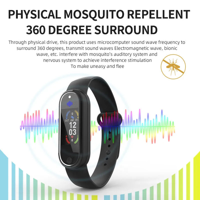 Black and white electronic mosquito repellent bracelet with USB charging port on silicone wristband