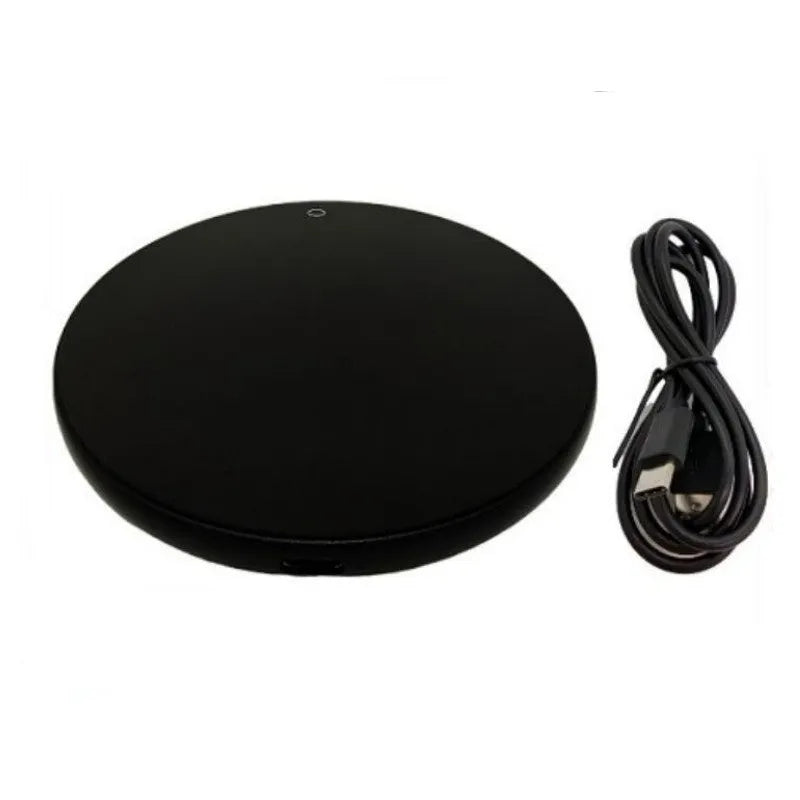 Black USB heating coaster with touch control for warming cups, showing three coloured indicator lights