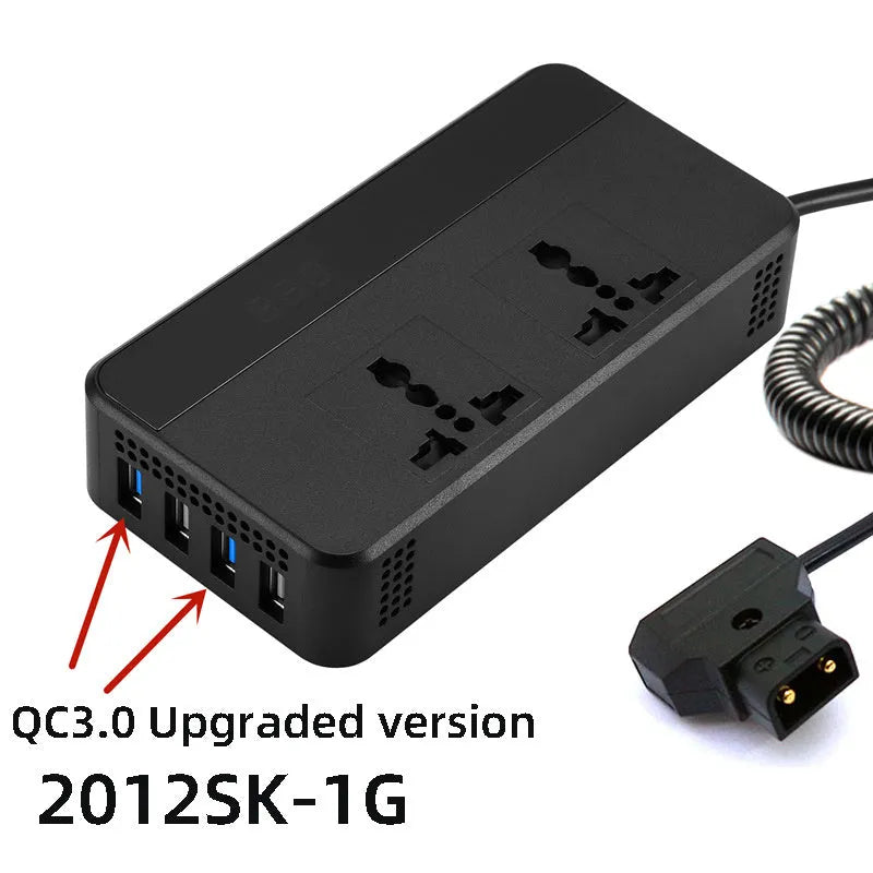 Automotive power inverter with PC fireproof housing showing AC and USB outputs, 149x74x35mm