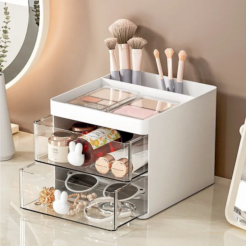 Transparent drawer storage box with grid compartments in cherry blossom pink