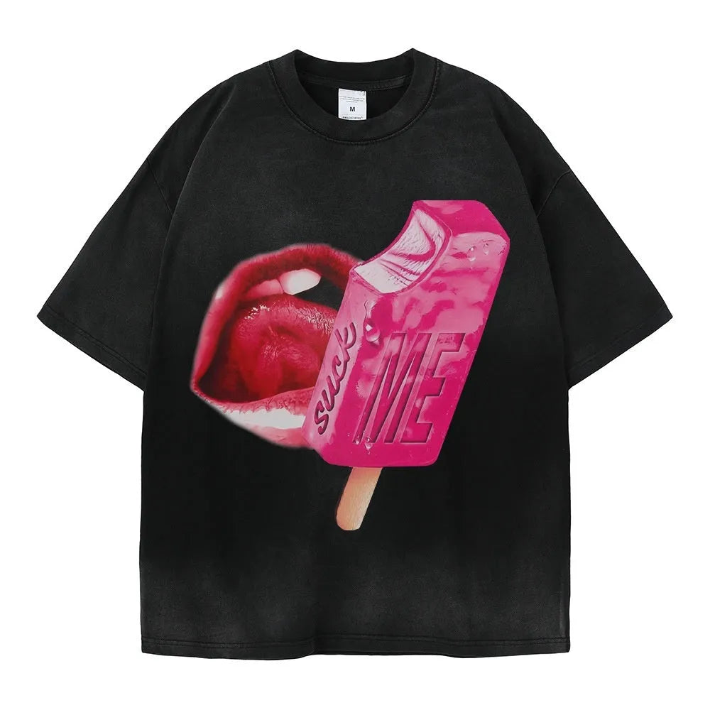 Heavy washed short-sleeved T-shirt with cartoon print on a person, showing loose streetwear fit.