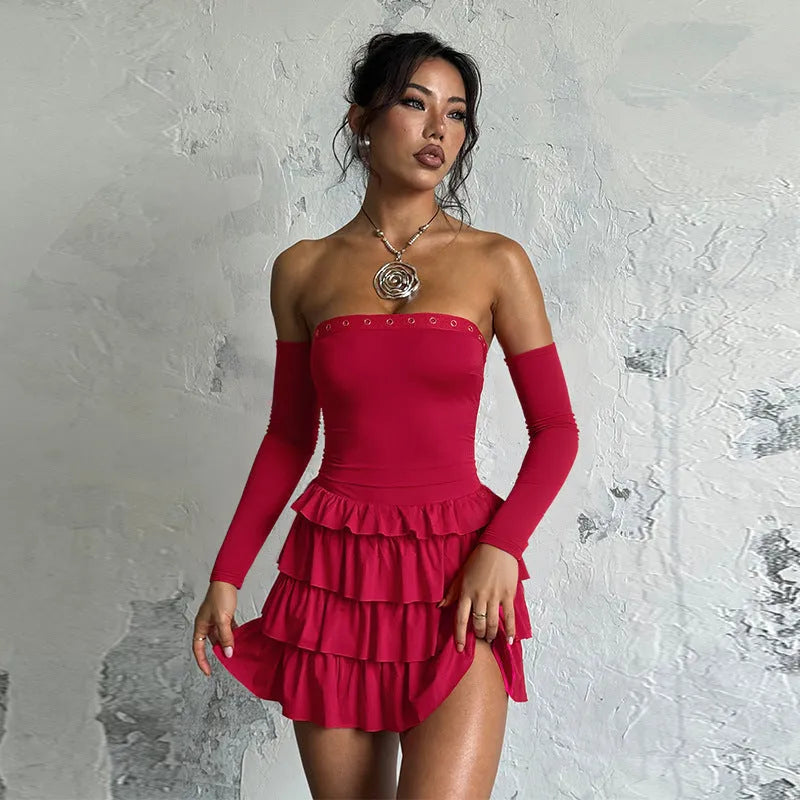 One-shoulder long-sleeved bustier pencil dress in burgundy or black, low waist, short skirt, sizes S M L