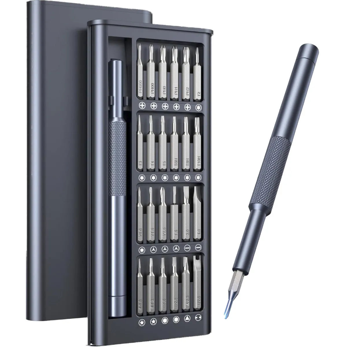 25-in-one magnetic screwdriver set with knurled handle, showing precision bits and a length of 110 mm.