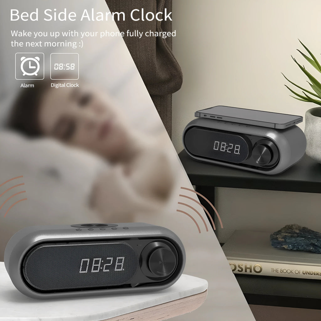 Space grey wireless charging bedside alarm clock with Bluetooth speaker and FM radio functions
