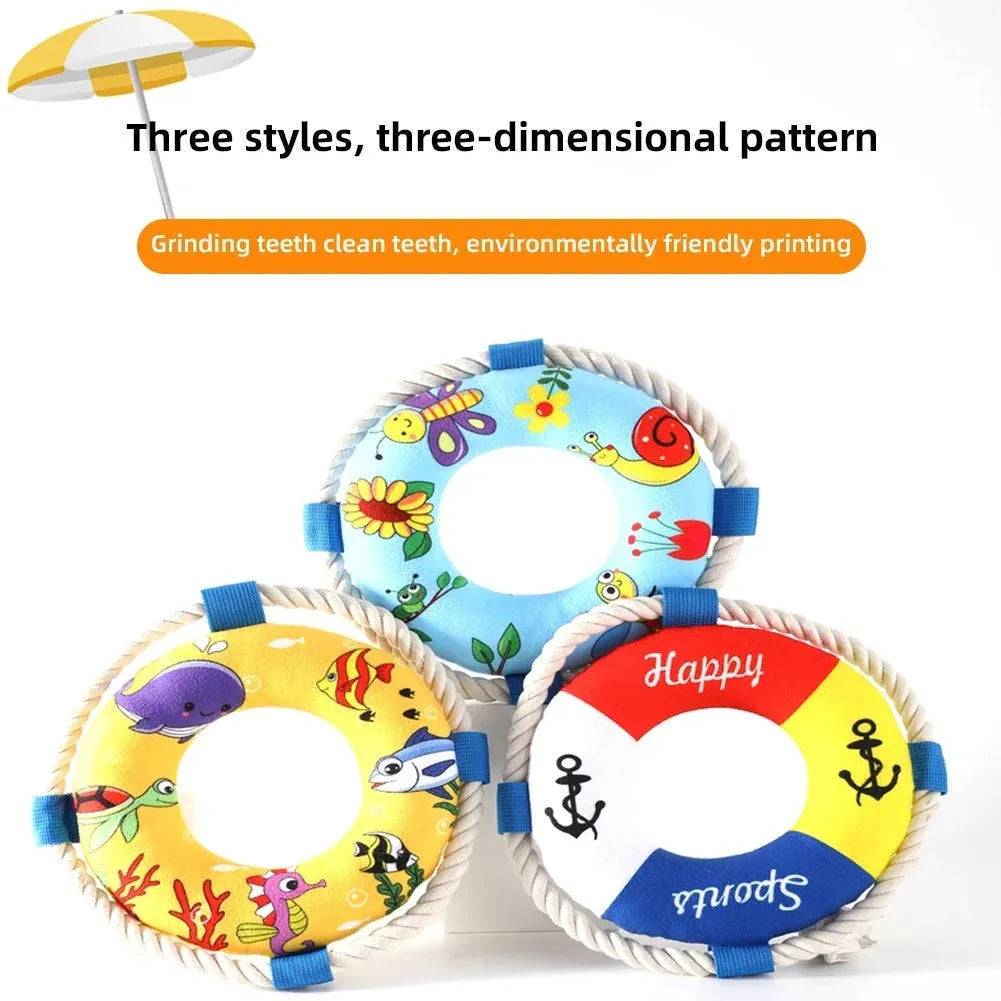 25 cm plush dog pull ring toy with squeaker in blue, red or yellow for puppies and small dogs