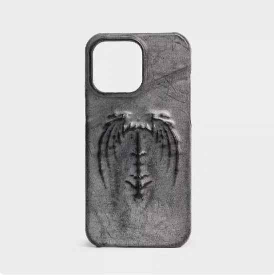 Retro gothic cowhide leather phone case with embossed vampire bat wing pattern, half-covered edge, for iPhone 12-17 series, Apply Red colour