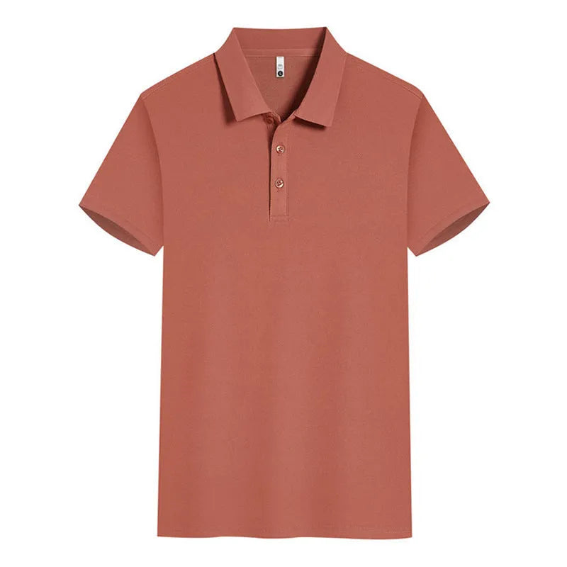 A sky blue short sleeve casual work shirt made from cool silk cotton and elastic fibre blend on a hanger.