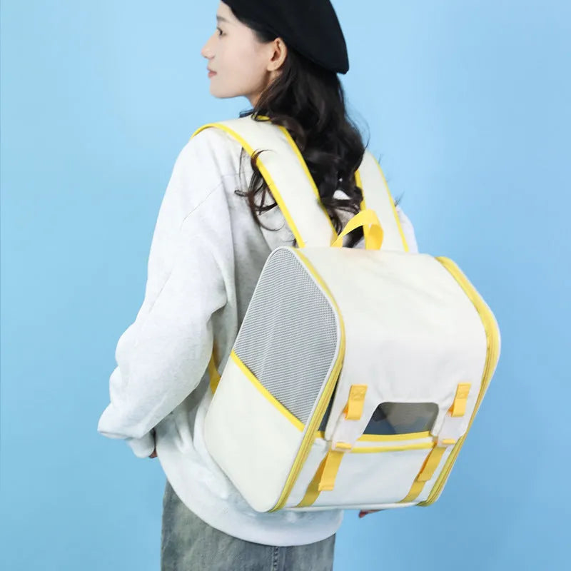 Nylon cat out backpack in white, khaki, brown or gray, breathable folding pet bag for cats up to 6.50kg