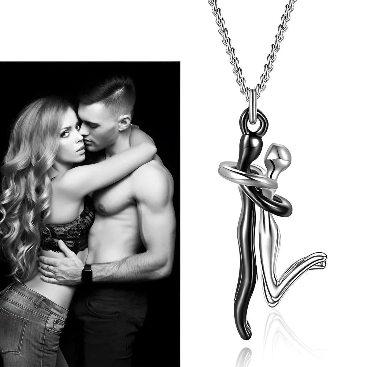 Copper couple's humanoid hug pendant necklace in electroplated gold with curbs chain