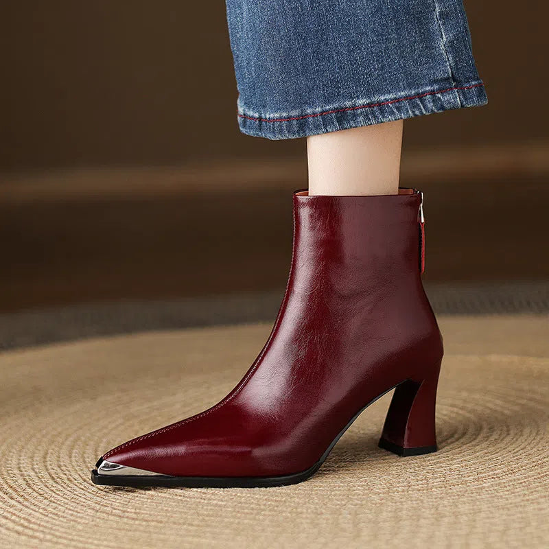 Women's genuine leather ankle boots with 3-5cm chunky heel, square toe, and side zipper in burgundy and black