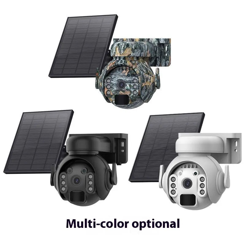 White solar security camera with solar panel and lens for outdoor wireless monitoring