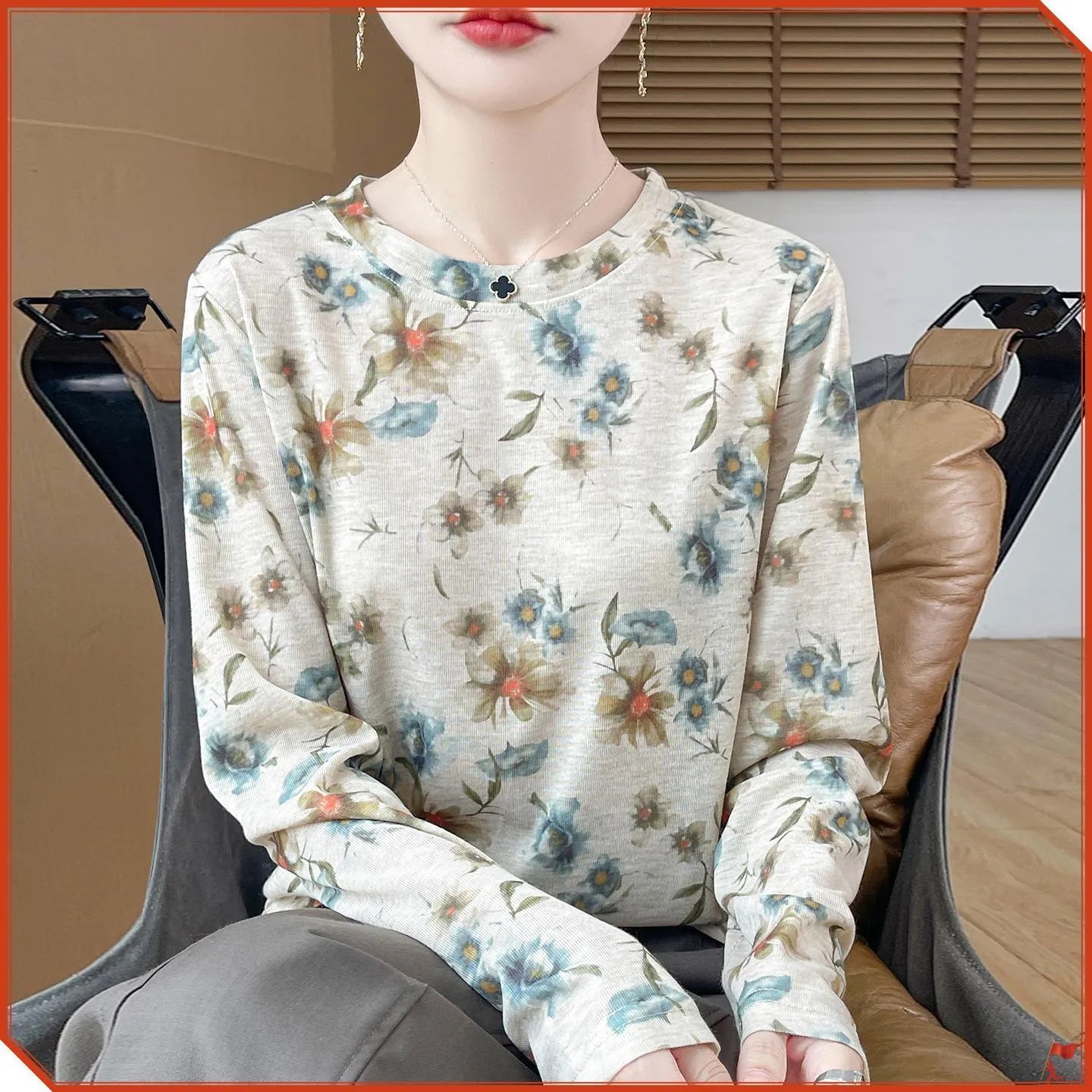 Women's round neck Tencel cotton pullover with floral printed design in various colour options