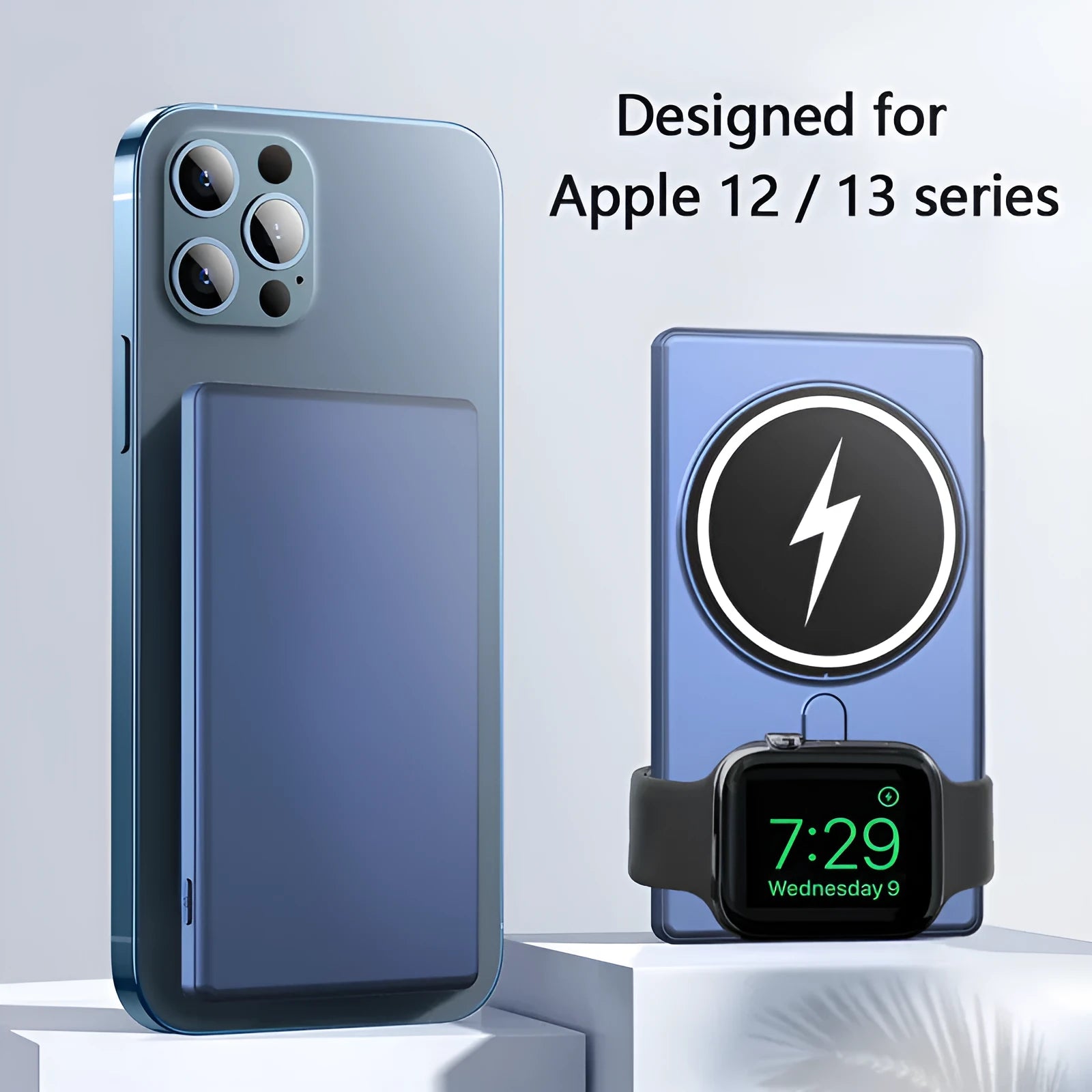 Ultra-thin black magnetic wireless charging power bank showing three output ports and compact design