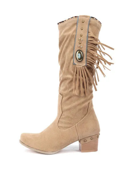 Women's square heel ankle boots in faux suede with PU lining and rubber outsole, shown in black, camel, deep brown, grey and khaki