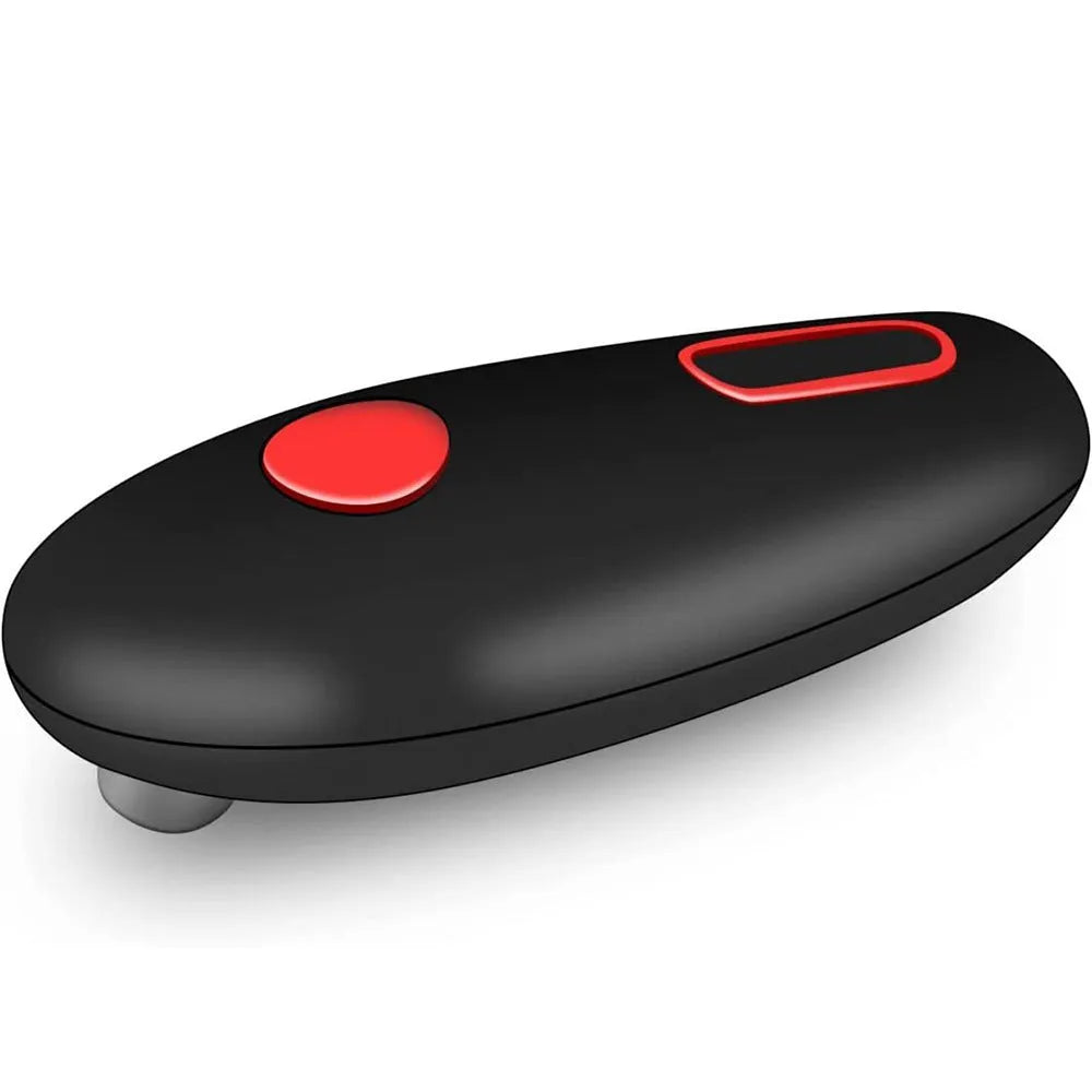 Black plastic electric can opener with battery compartment and cutting mechanism