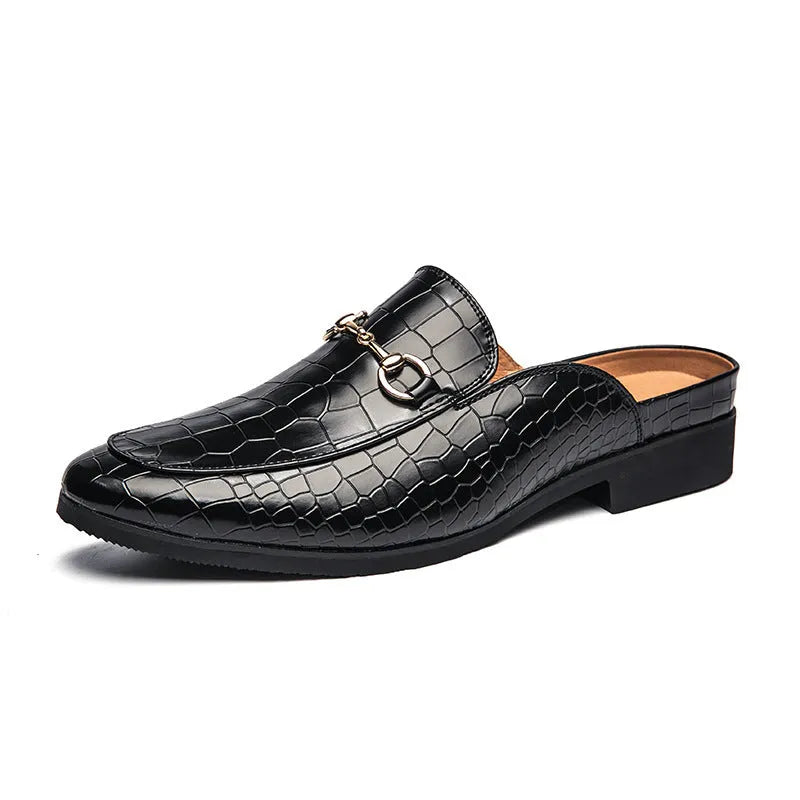 Men's lazy semi slipper leather shoes in black with artificial PU upper, side view